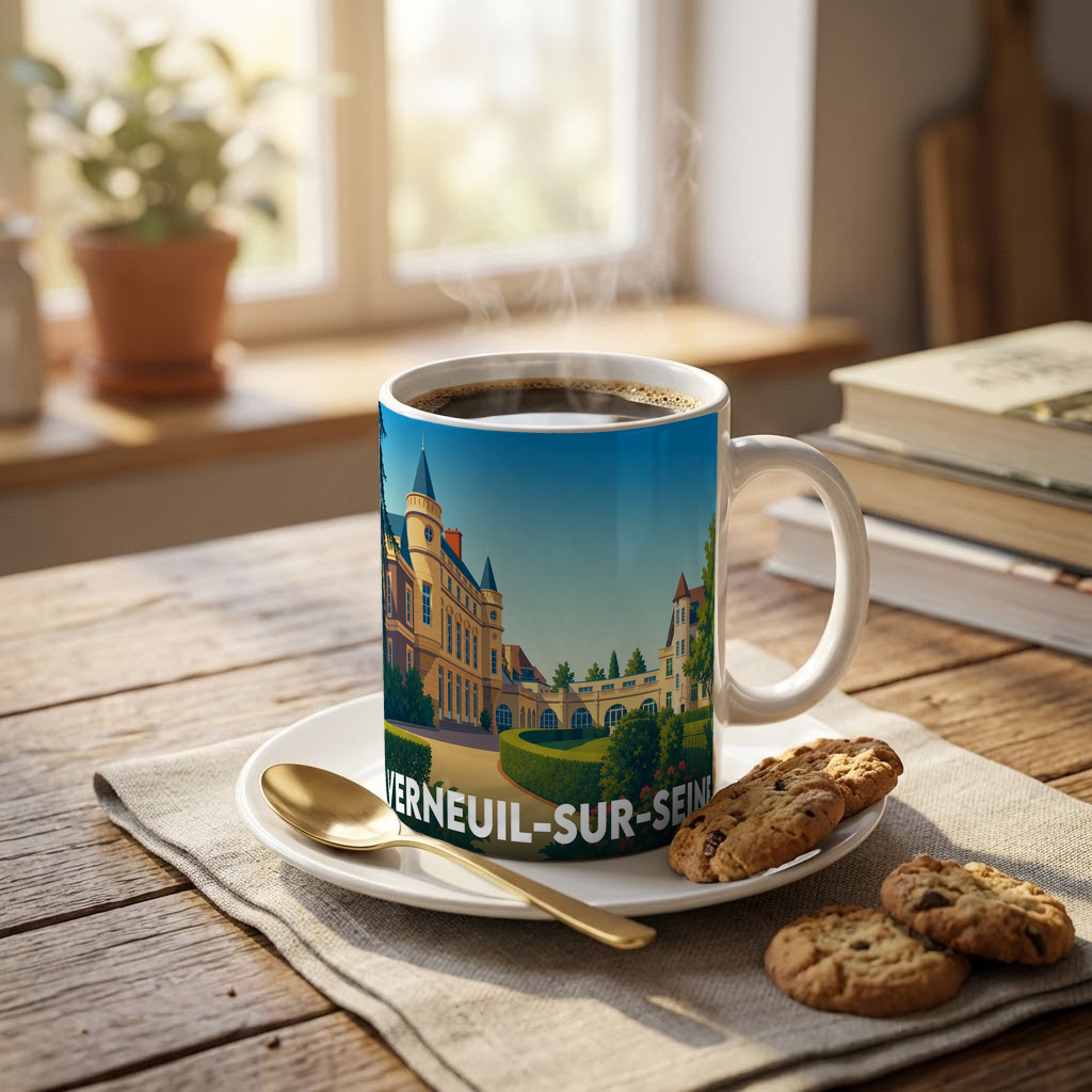 Mug souvenir de la ville de Verneuil-sur-Seine avec une illustration stylisée d'un château.