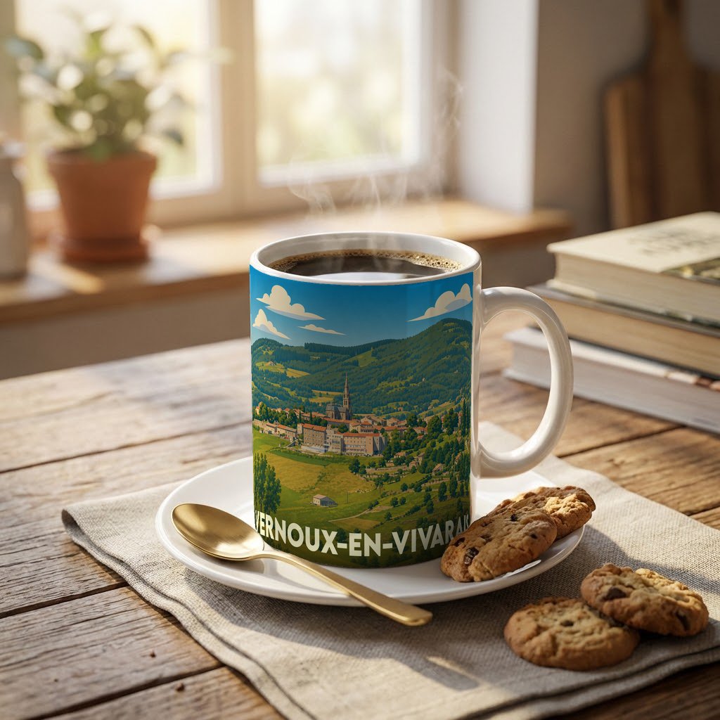 Mug souvenir de la ville de Vernoux-en-Vivarais avec une illustration stylisée d'un paysage de campagne vallonné.