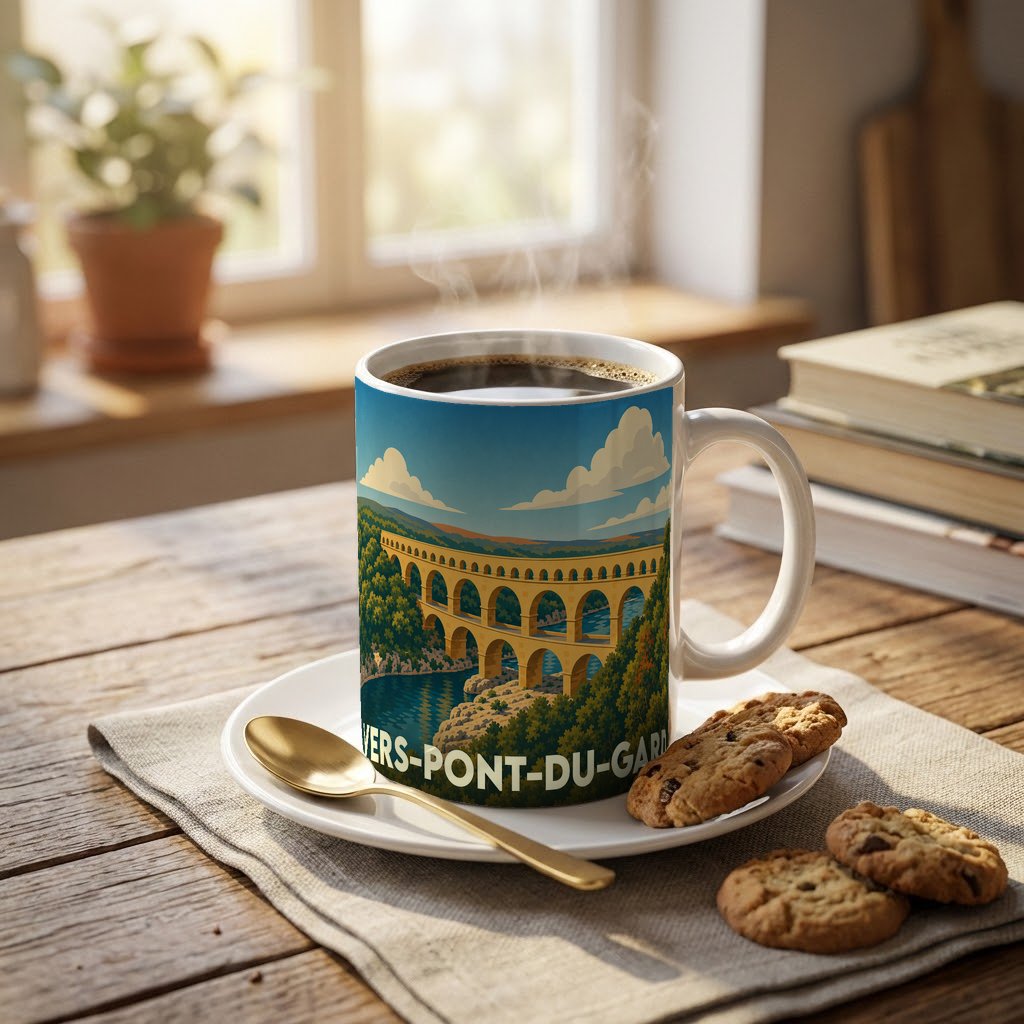 Mug souvenir de la ville de Vers-Pont-du-Gard orné d'une illustration stylisée du célèbre pont romain.