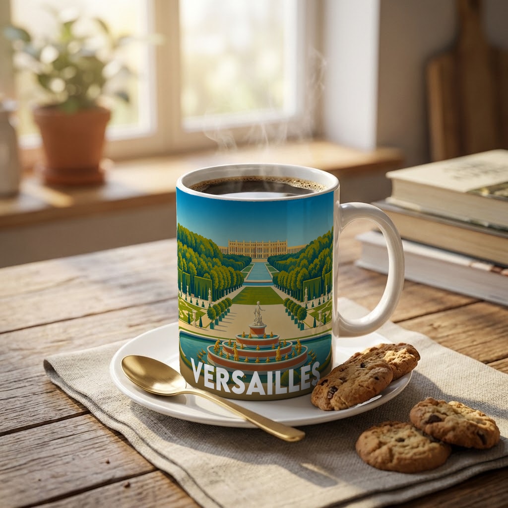 Mug souvenir de la ville de Versailles orné d'une illustration stylisée de ses jardins et de son château.