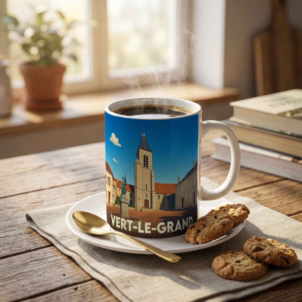 Mug souvenir de la ville de Vert-le-Grand illustré d'un paysage urbain stylisé.
