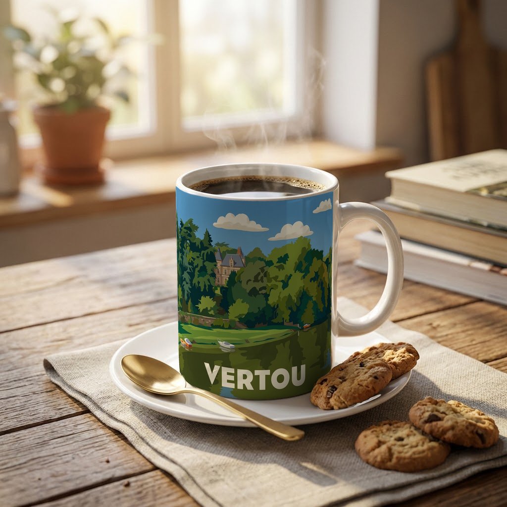 Mug souvenir de la ville de Vertou avec une illustration stylisée.