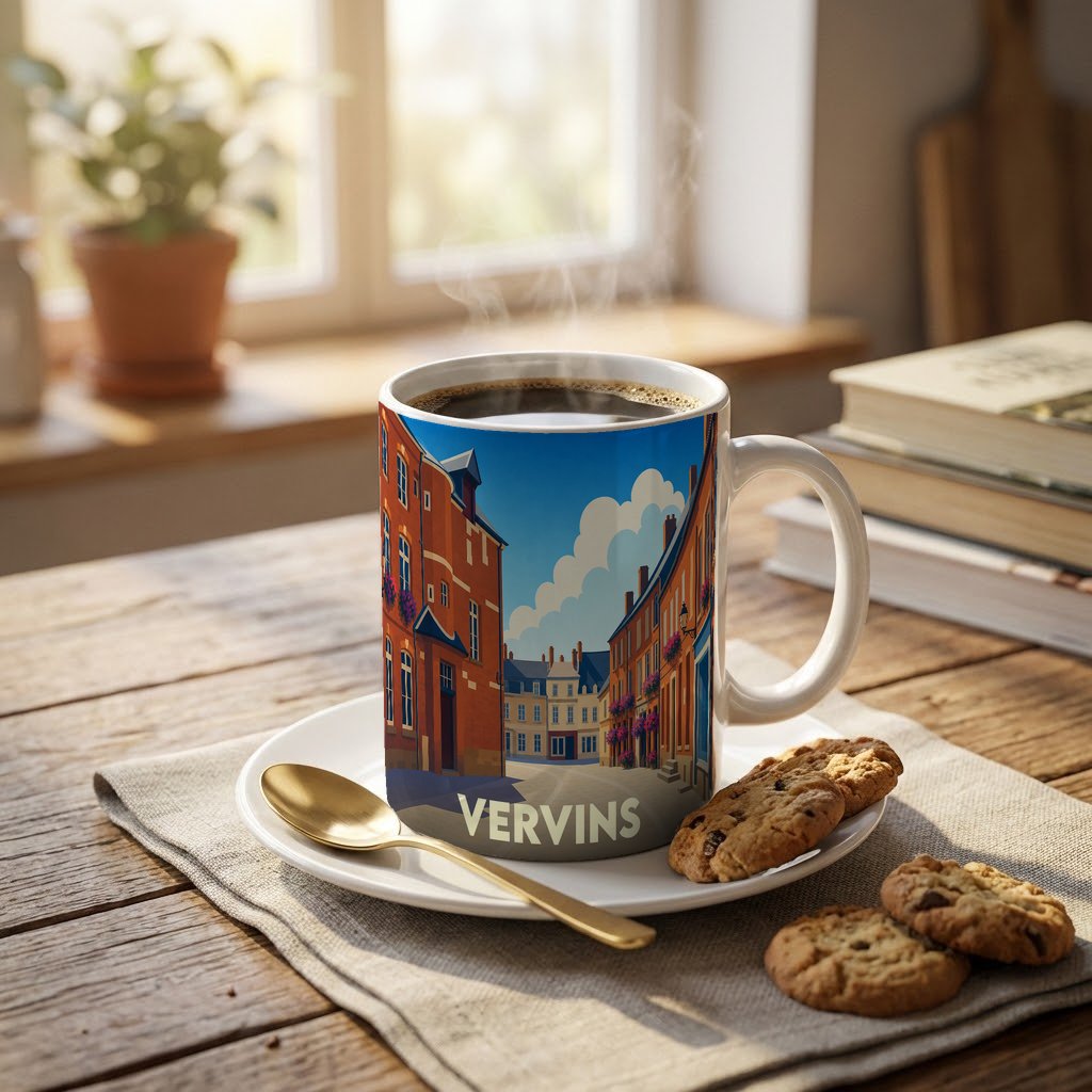 Mug souvenir de la ville de Vervins orné d'une illustration stylisée d'une rue pittoresque.