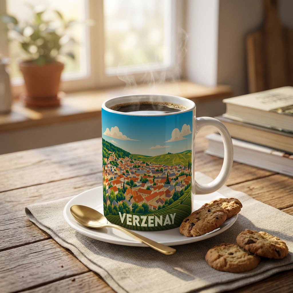 Mug souvenir de la ville de Verzenay avec une illustration stylisée de ses paysages et vignobles.