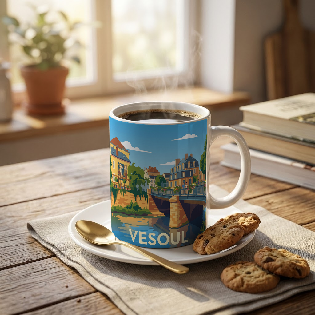 Mug souvenir de la ville de Vesoul avec une illustration stylisée.