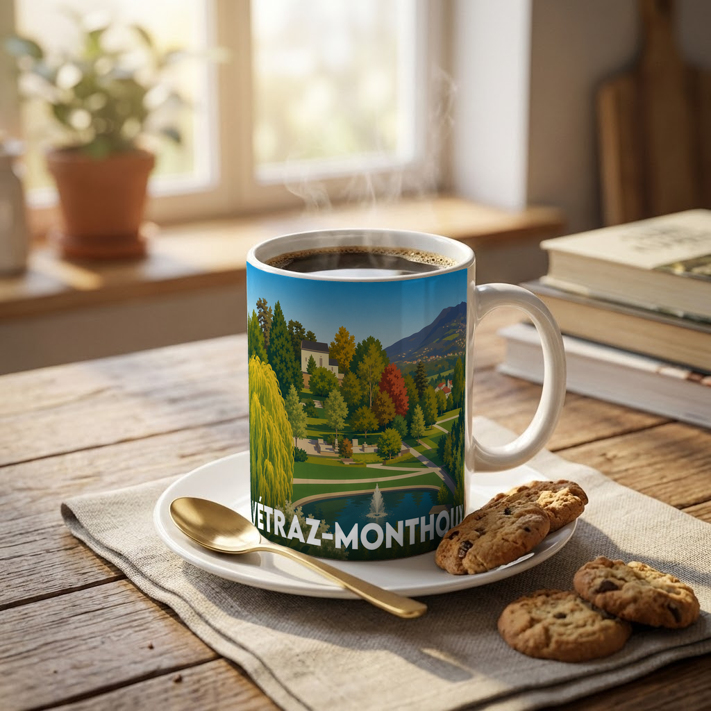 Mug souvenir de la ville de Vétraz-Monthoux orné d'une illustration stylisée de son parc paysager.