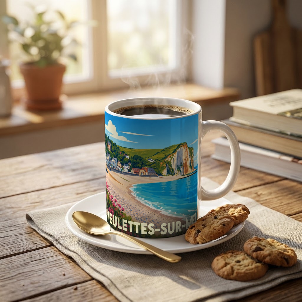 Mug souvenir de la ville de Veulettes-sur-Mer avec une illustration stylisée de sa plage et de ses falaises.