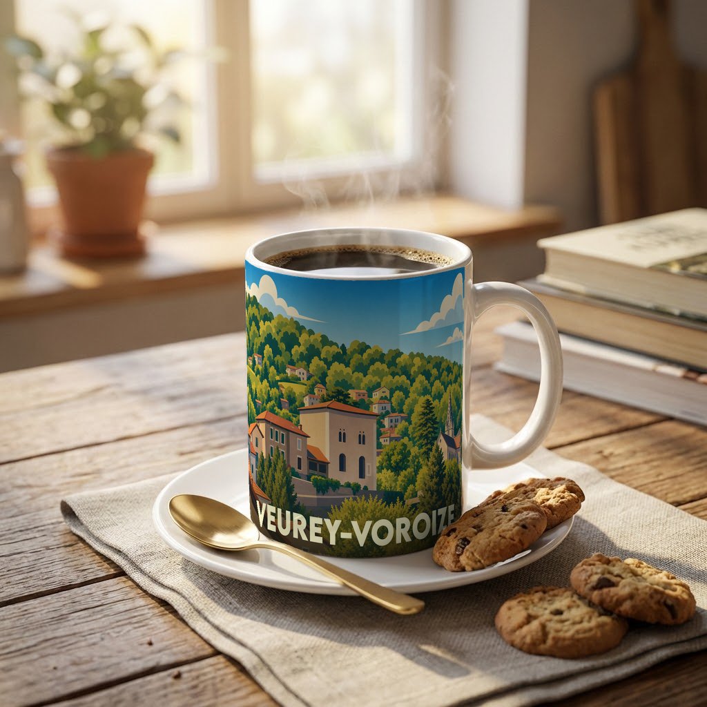 Mug souvenir de la ville de Veurey-Voroize orné d'une illustration paysagère stylisée.