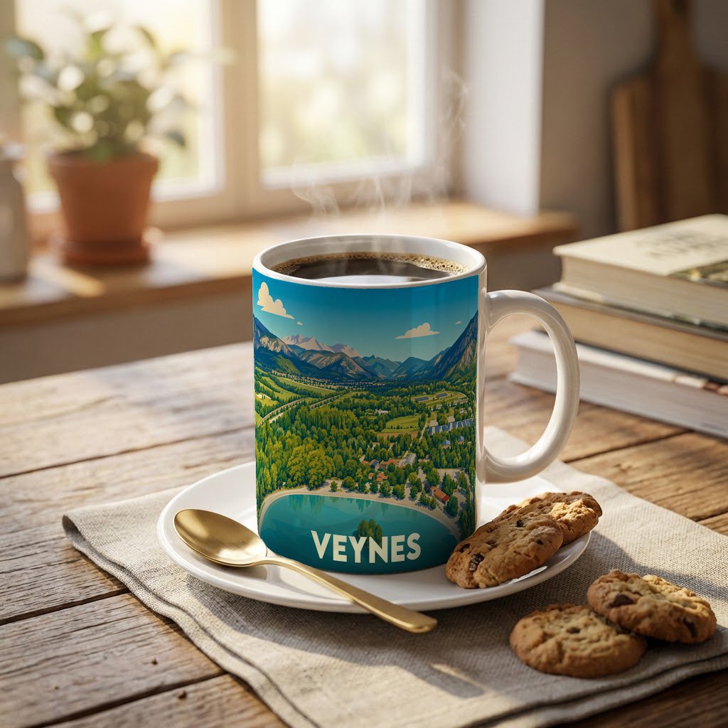 Mug souvenir de la ville de Veynes avec une illustration panoramique de ses paysages montagneux.