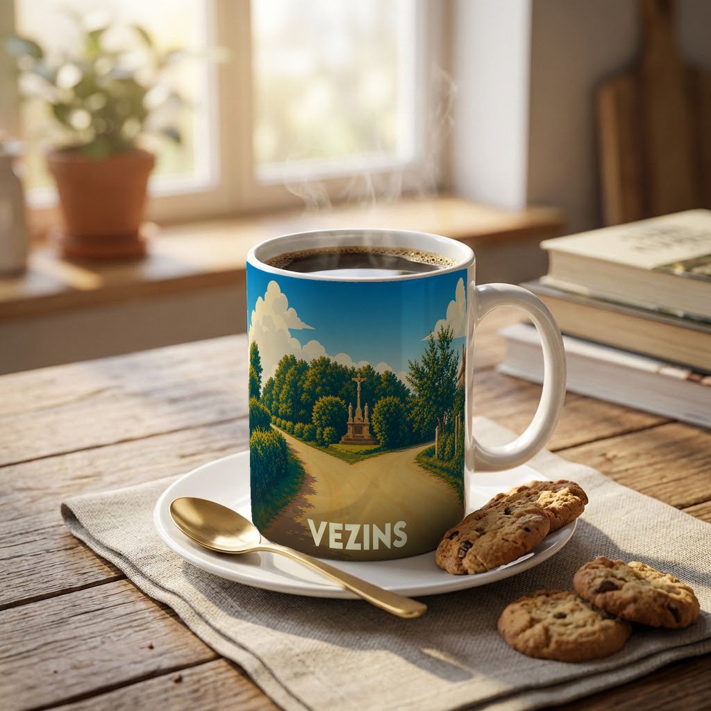 Mug souvenir de la ville de Vezins illustré d'un paysage champêtre stylisé.