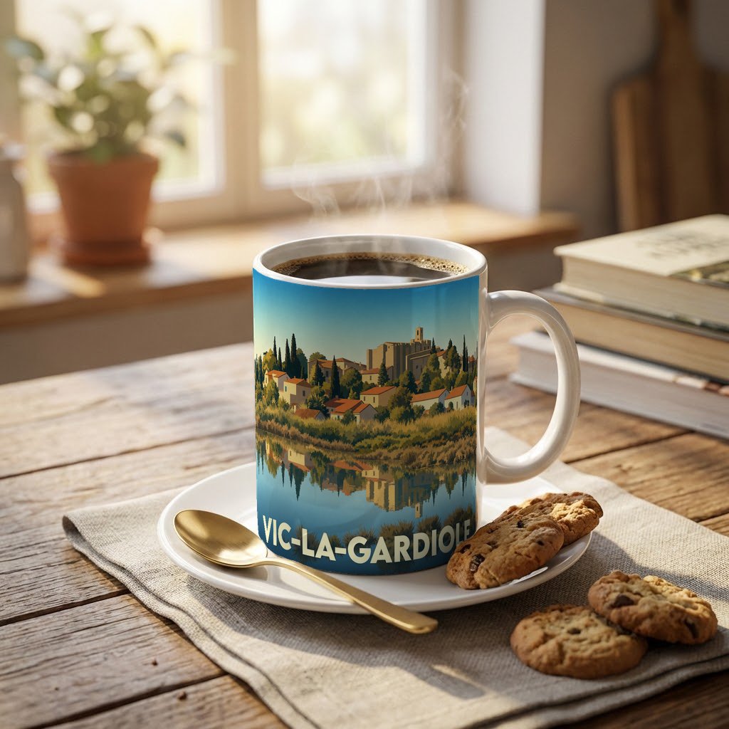 Mug souvenir de la ville de Vic-la-Gardiole avec une illustration paysagère stylisée.