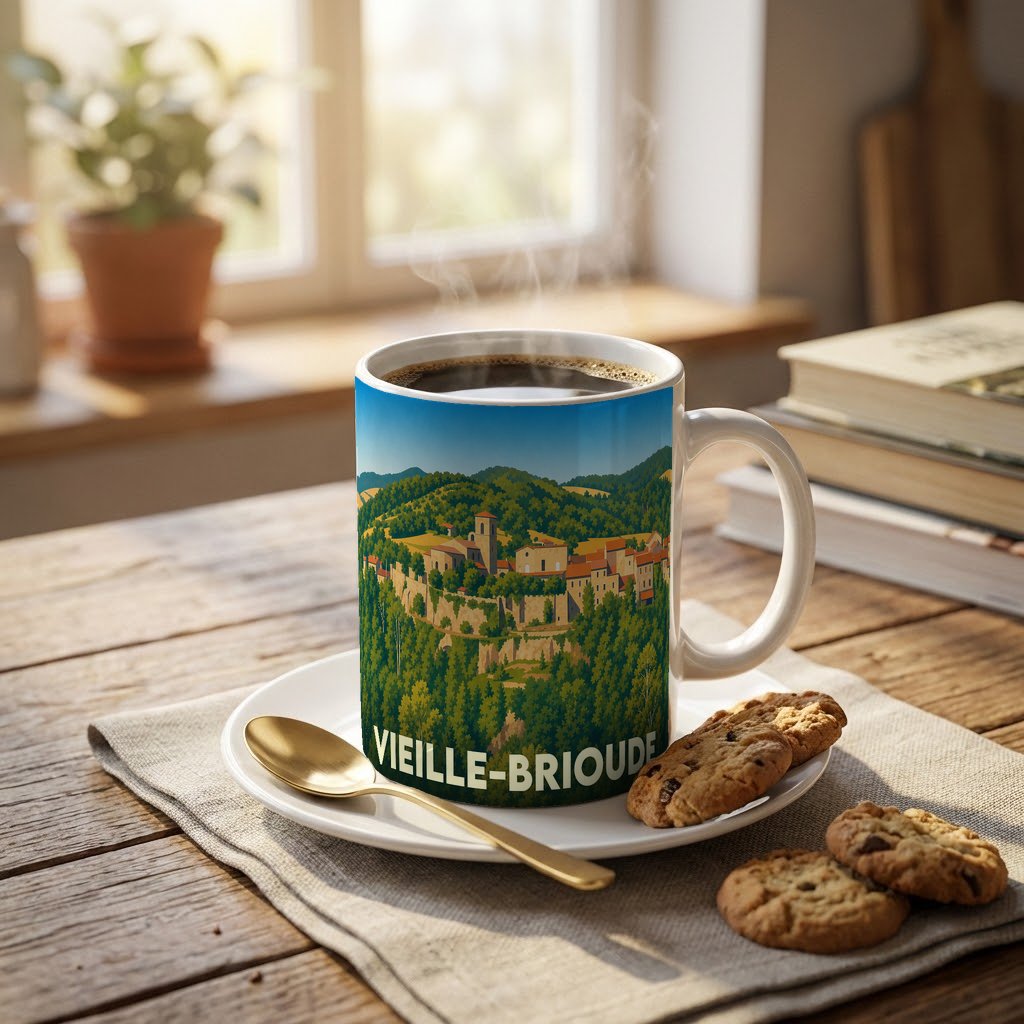 Mug souvenir de la ville de Vieille-Brioude orné d'une illustration paysagère stylisée.