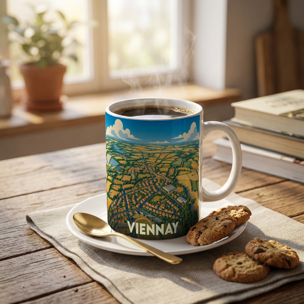 Mug souvenir de la ville de Viennay avec une illustration stylisée d'un paysage aérien.
