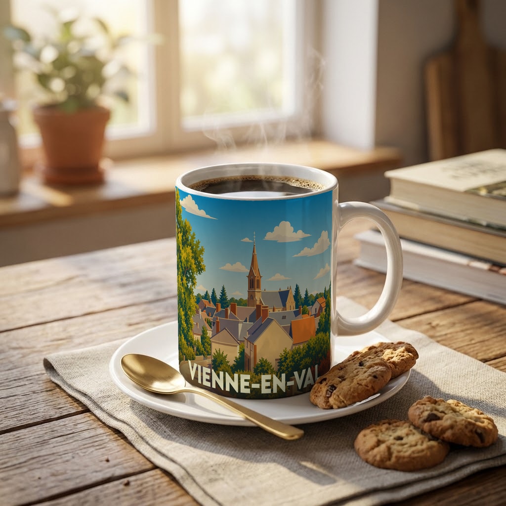 Mug souvenir de la ville de Vienne-en-Val orné d'une illustration stylisée de son paysage urbain.