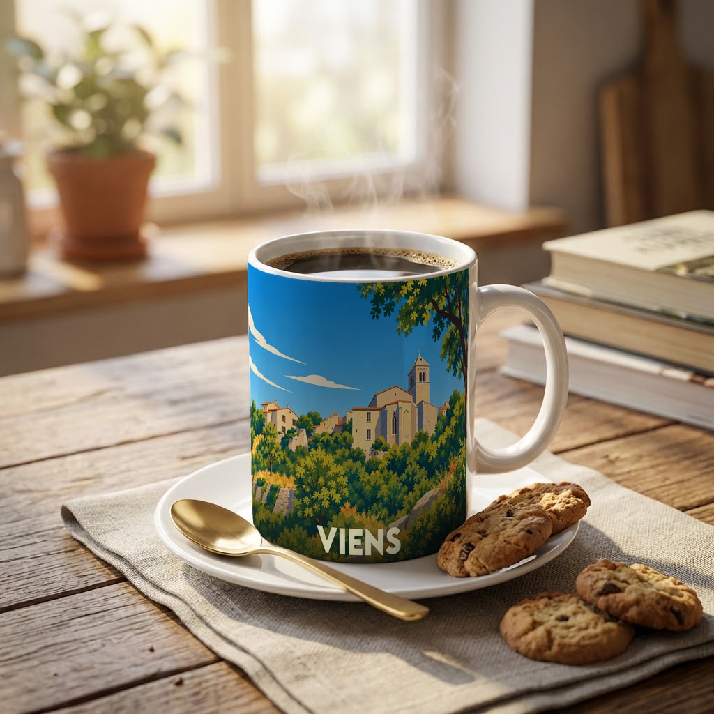 Mug souvenir de la ville de Viens orné d'une illustration stylisée de son village perché.