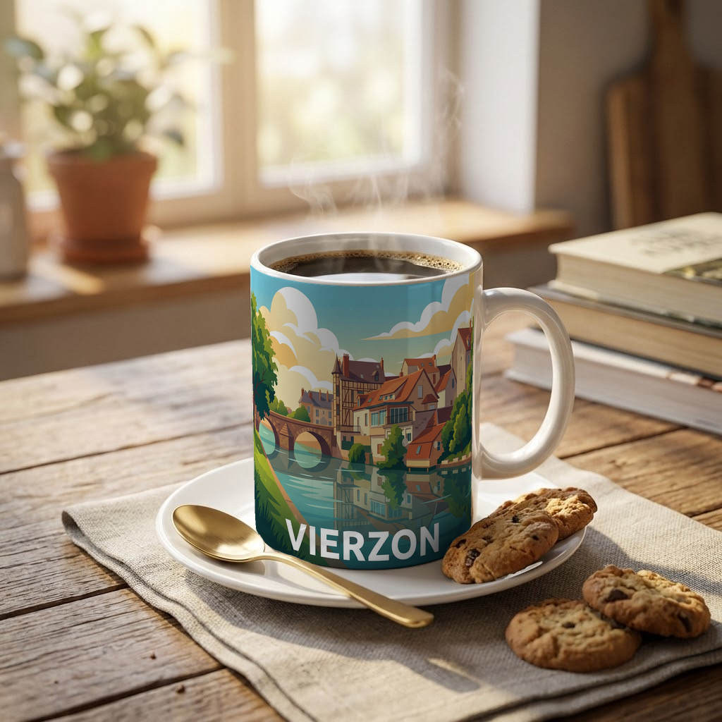 Mug souvenir de la ville de Vierzon avec une illustration stylisée de son paysage urbain au bord de l'eau.