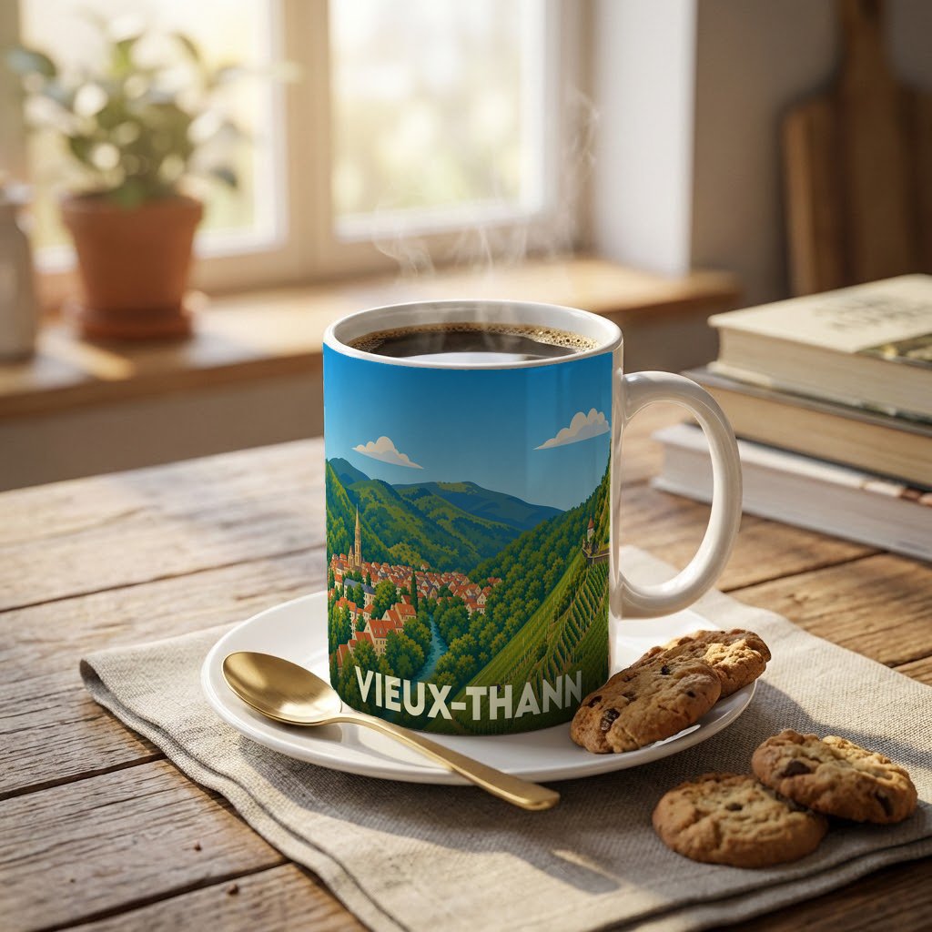 Mug souvenir de la ville de Vieux-Thann avec une illustration stylisée de son paysage vallonné.