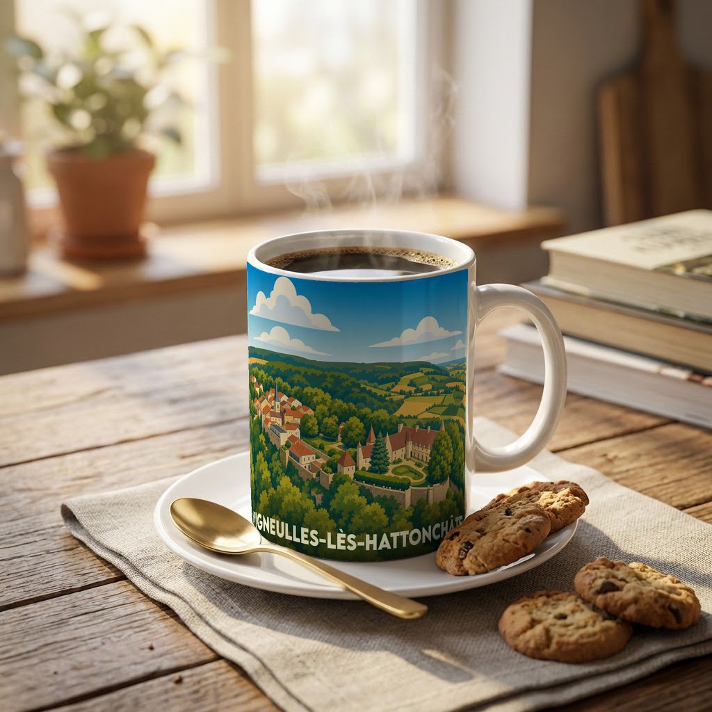 Mug souvenir de Vigneulles-lès-Hattonchâtel illustré d'un paysage de campagne verdoyant.