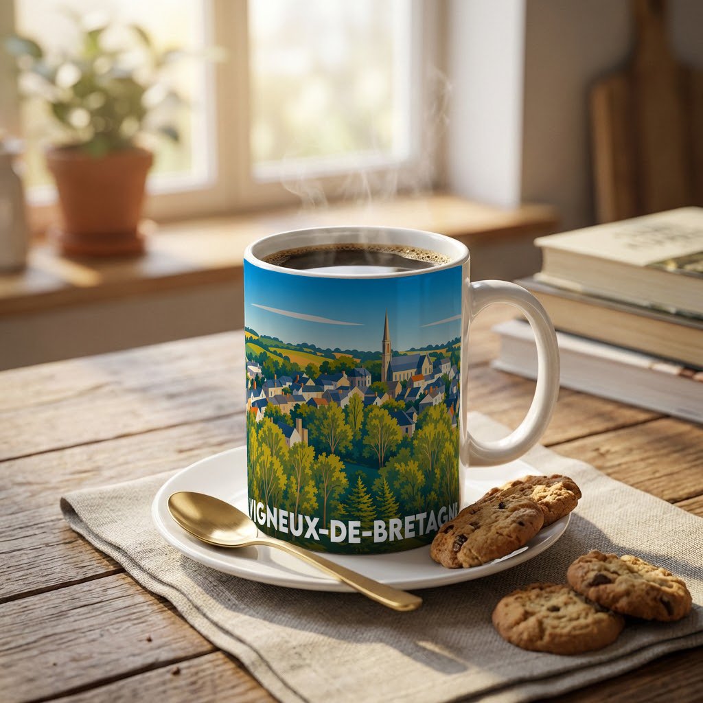 Mug souvenir de la ville de Vigneux-de-Bretagne avec une illustration paysagère stylisée.
