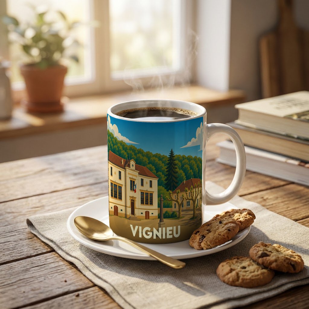 Mug souvenir de la ville de Vignieu orné d'une illustration stylisée de son hôtel de ville.