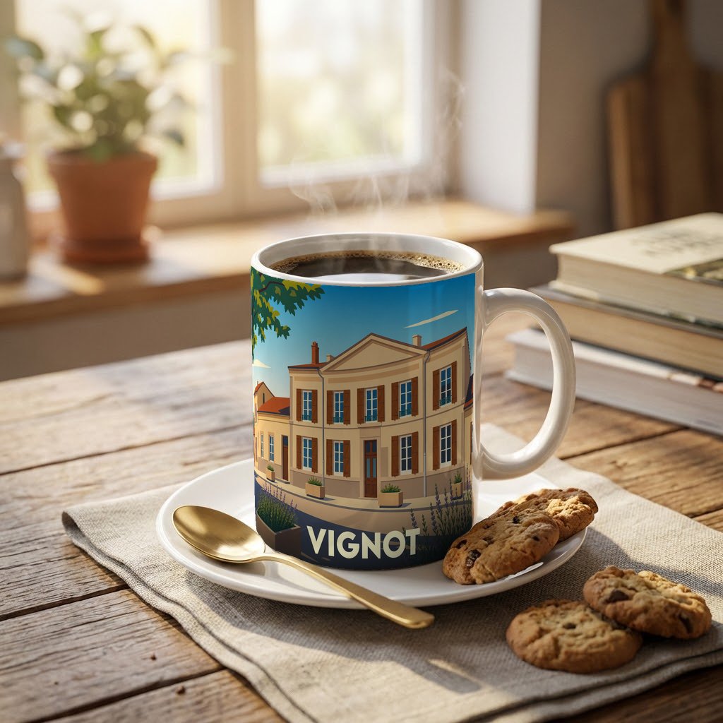 Mug souvenir de la ville de Vignot orné d'une illustration stylisée d'un bâtiment classique.