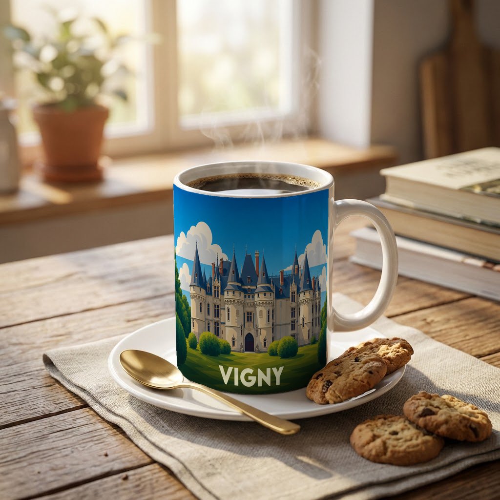 Mug souvenir de la ville de Vigny orné d'une illustration stylisée de son château.
