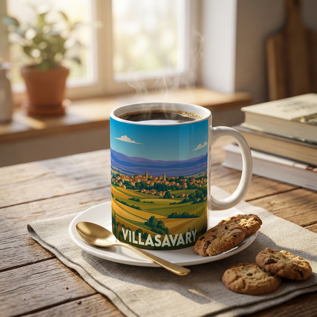Mug souvenir de la ville de Villasavary avec une illustration stylisée de son paysage vallonné.