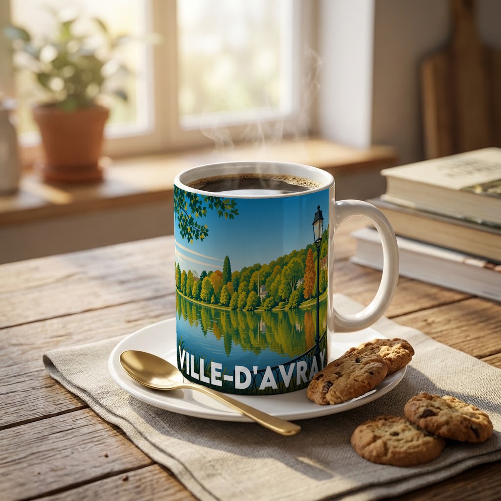 Mug souvenir de la ville de Ville-d'Avray illustré par un paysage lacustre paisible.
