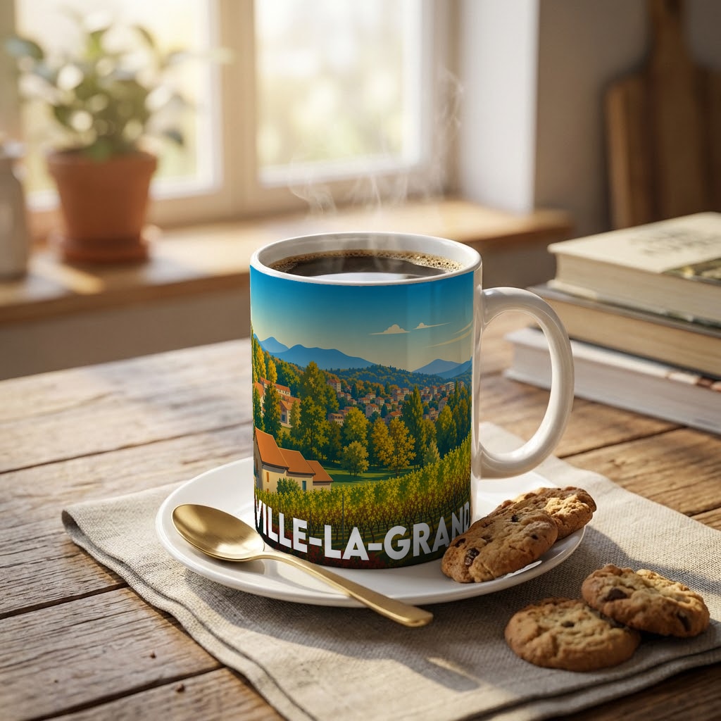 Mug souvenir de Ville-la-Grand orné d'une illustration paysagère stylisée.