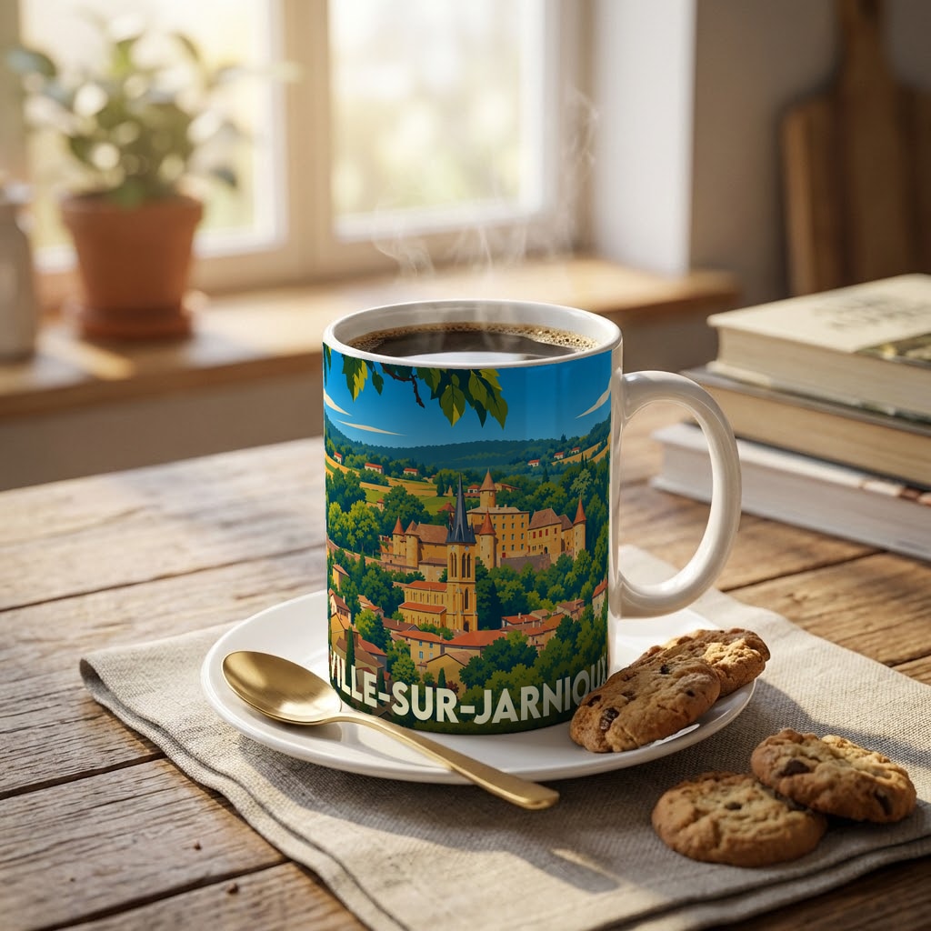 Mug souvenir de la ville de Ville-sur-Jarnioux avec une illustration stylisée.
