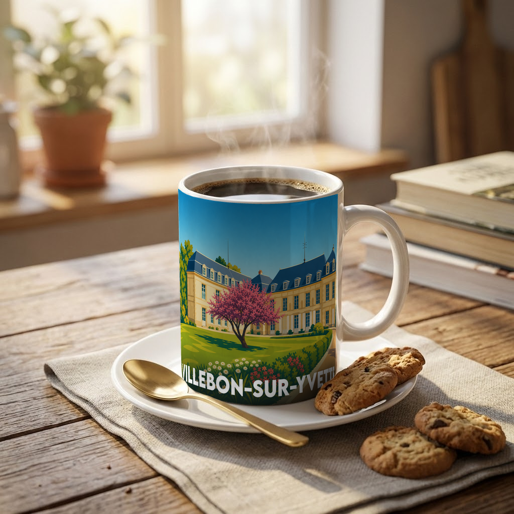Mug souvenir de la ville de Villebon-sur-Yvette avec une illustration stylisée d'un château et d'un jardin.