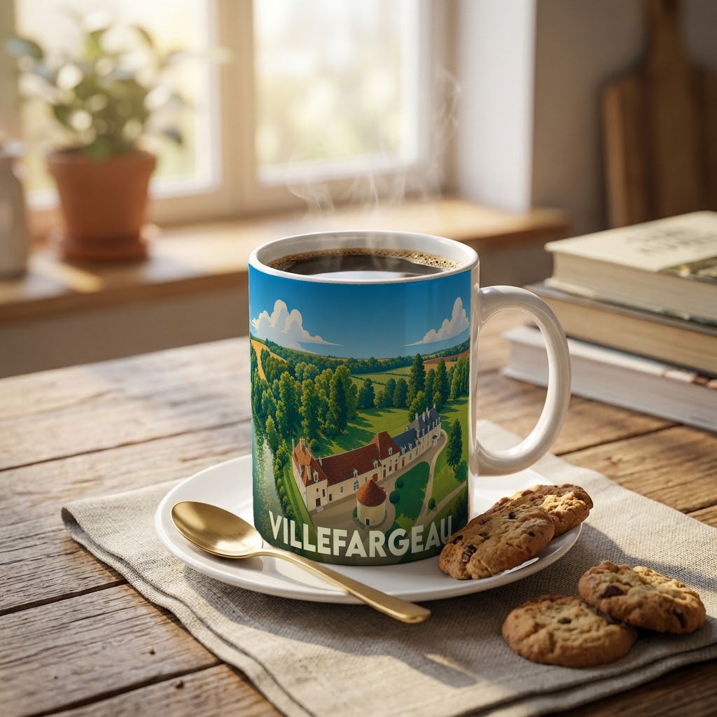 Mug souvenir de la ville de Villefargeau avec une illustration stylisée d'un château entouré de verdure.