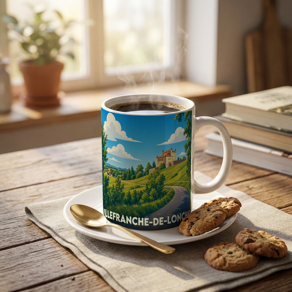 Mug souvenir de Villefranche-de-Lonchat illustré d'un paysage de campagne stylisé.