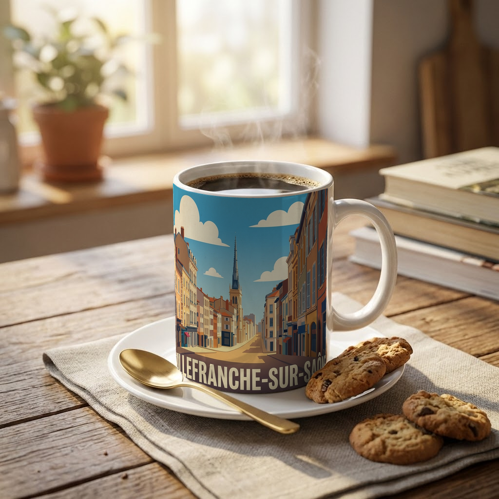 Mug souvenir de la ville de Villefranche-sur-Saône avec une illustration stylisée.