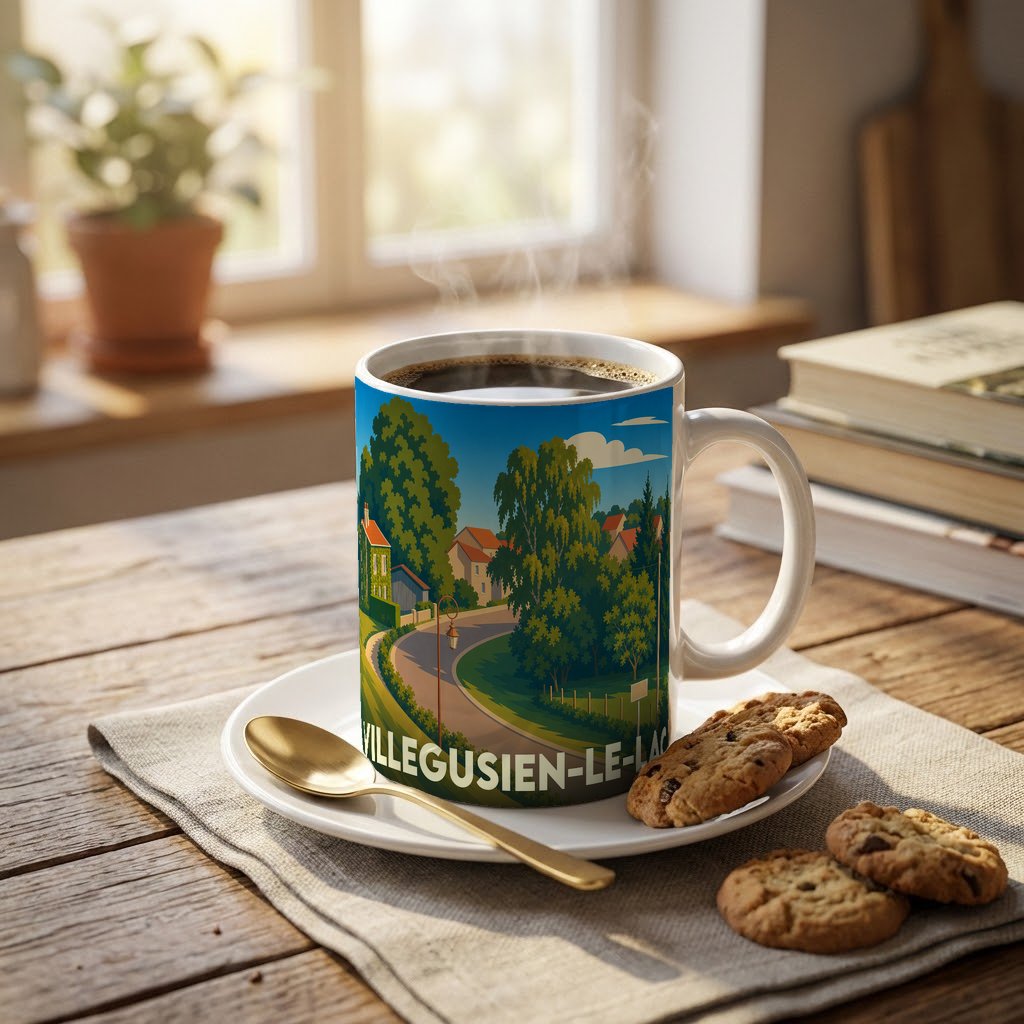 Mug souvenir de la ville de Villegusien-le-Lac orné d'une illustration paysagère stylisée.