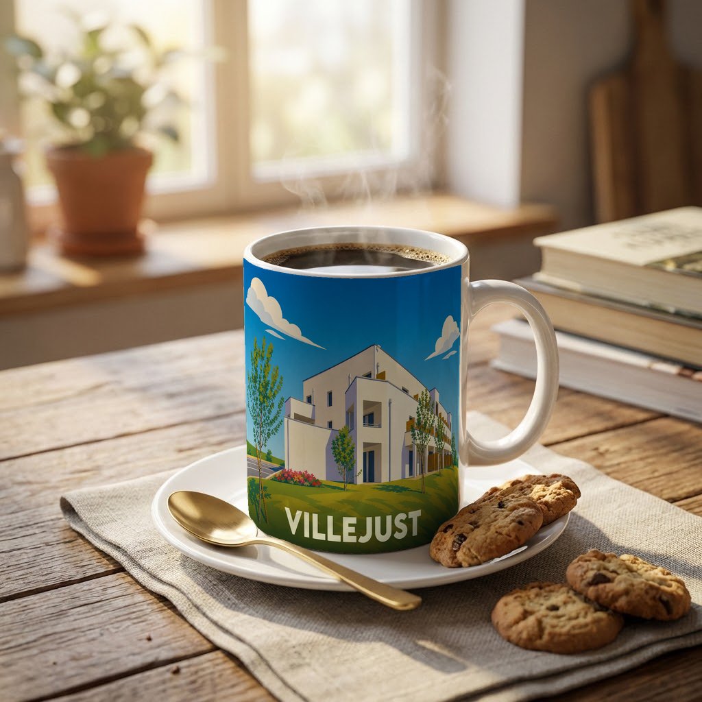 Mug souvenir de la ville de Villejust avec une illustration stylisée d'un bâtiment moderne.