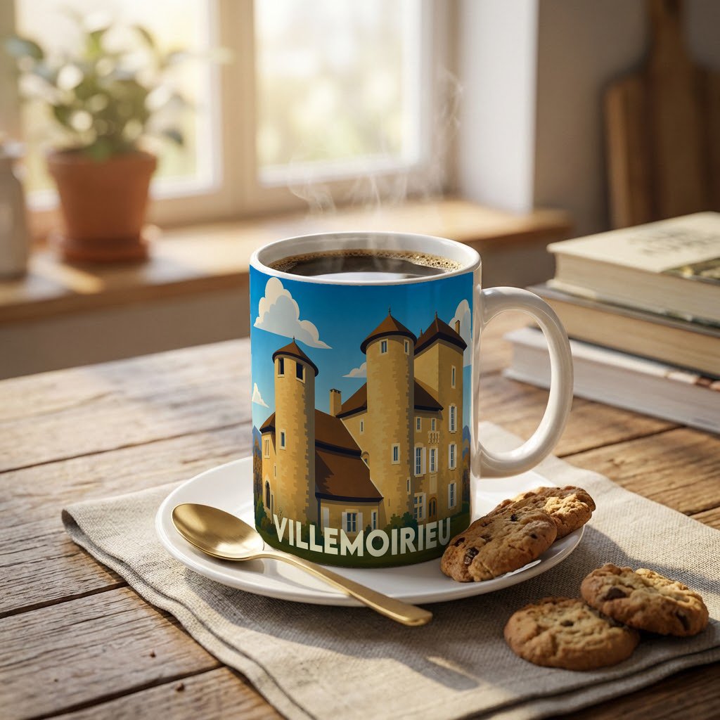Mug souvenir de la ville de Villemoirieu orné d'une illustration stylisée de son château.