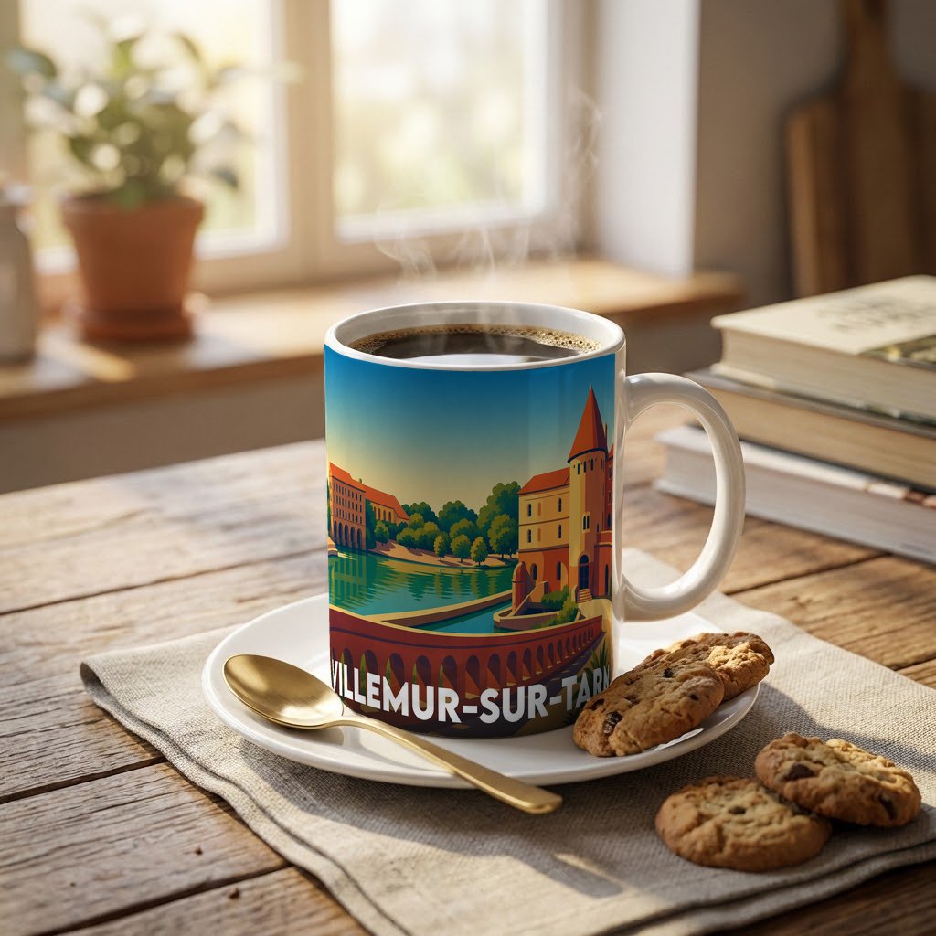 Mug souvenir de la ville de Villemur-sur-Tarn illustré d'un paysage urbain coloré au bord de l'eau.