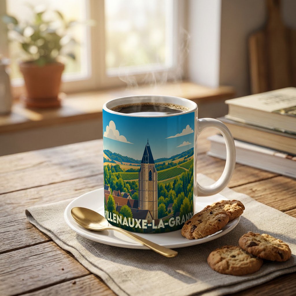 Mug souvenir de la ville de Villenauxe-la-Grande avec une illustration stylisée de son clocher et de ses vignobles.
