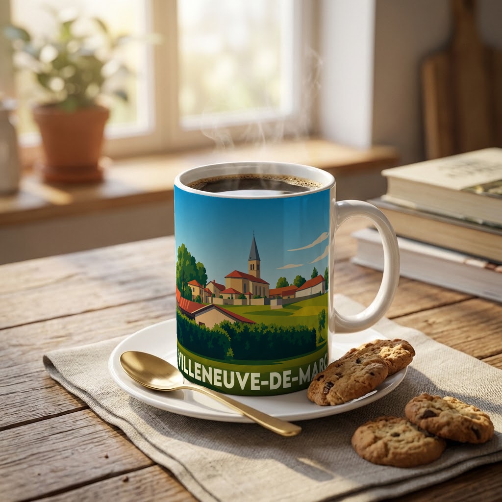 Mug souvenir de la ville de Villeneuve-de-Marc avec une illustration stylisée d'un paysage de village.