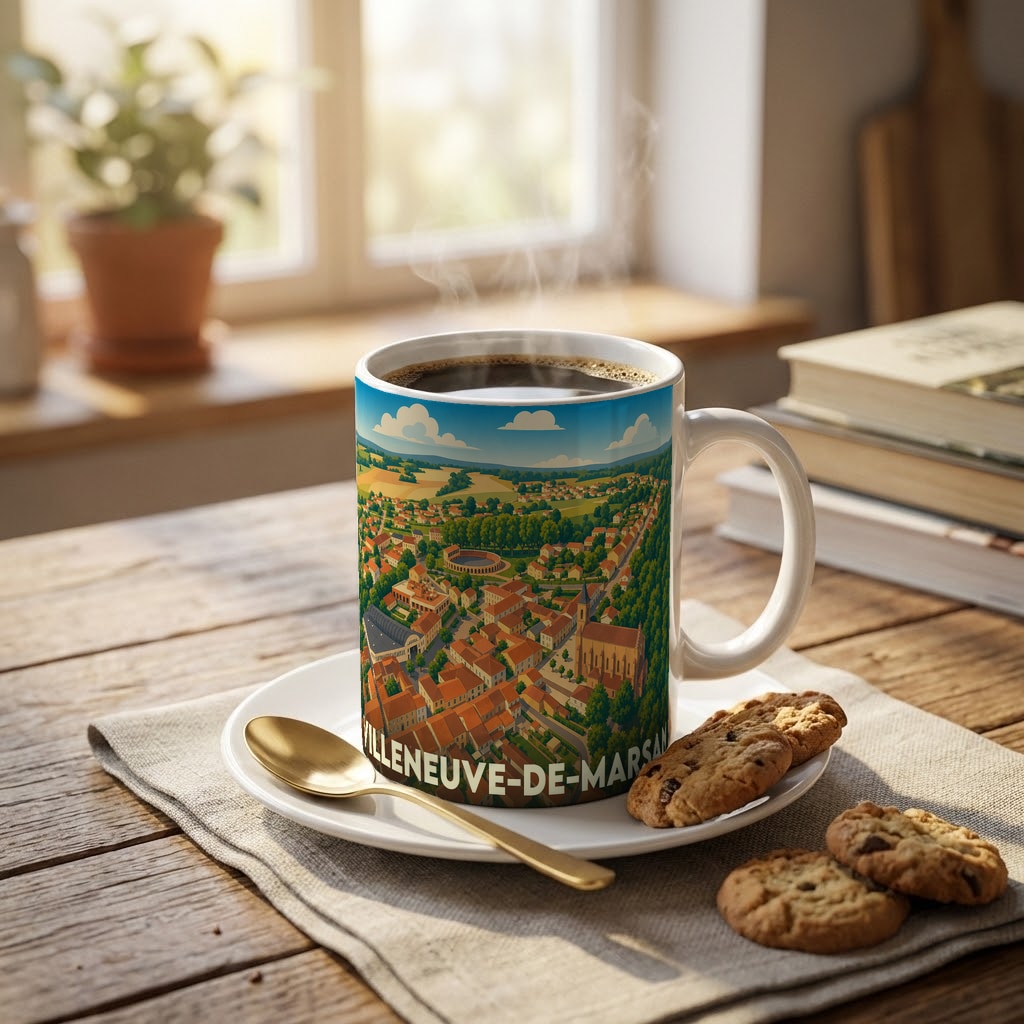 Mug souvenir de la ville de Villeneuve-de-Marsan illustré d'une vue aérienne stylisée.