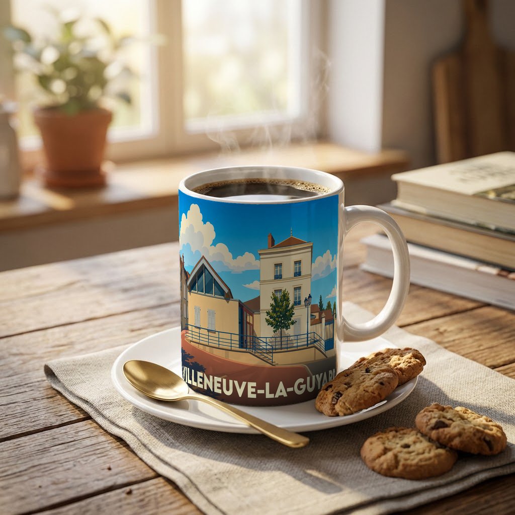 Mug souvenir de la ville de Villeneuve-la-Guyard avec une illustration colorée et stylisée.