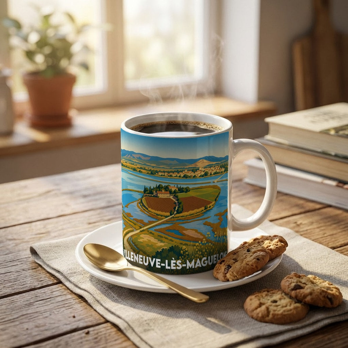 Mug souvenir de la ville de Villeneuve-lès-Maguelone avec une illustration stylisée de sa cathédrale et de ses étangs.