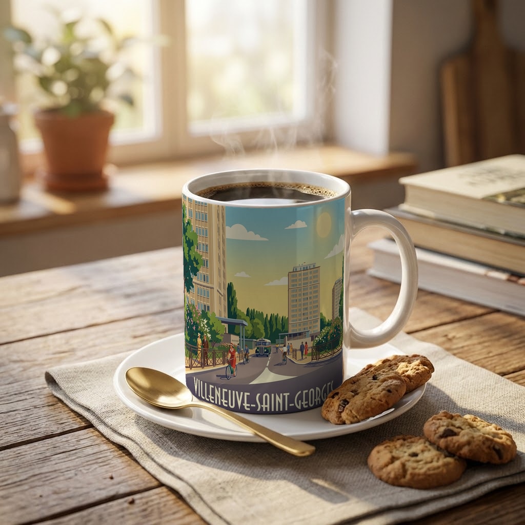 Mug souvenir de la ville de Villeneuve-Saint-Georges avec une illustration stylisée.
