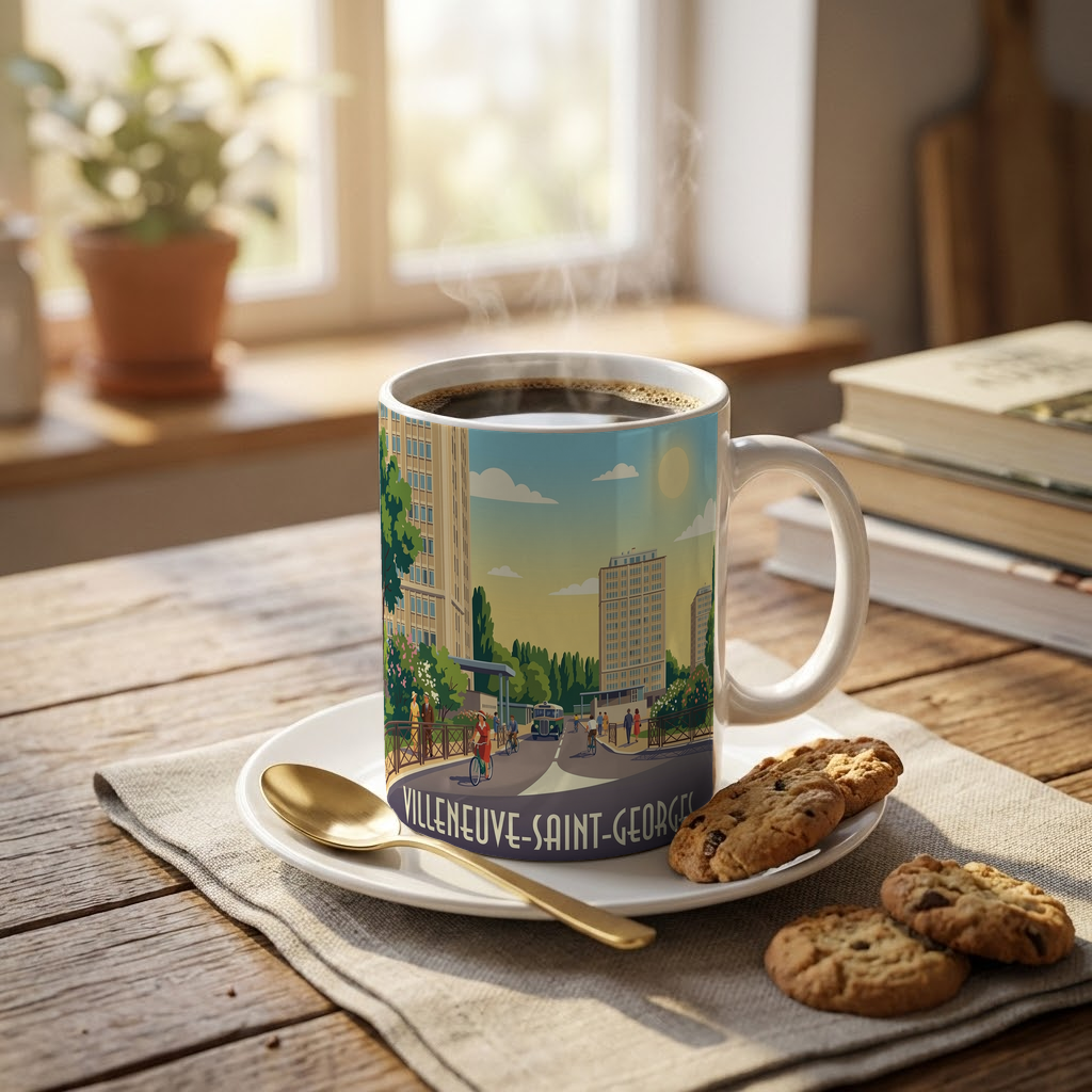 Mug souvenir de la ville de Villeneuve-Saint-Georges avec une illustration stylisée.