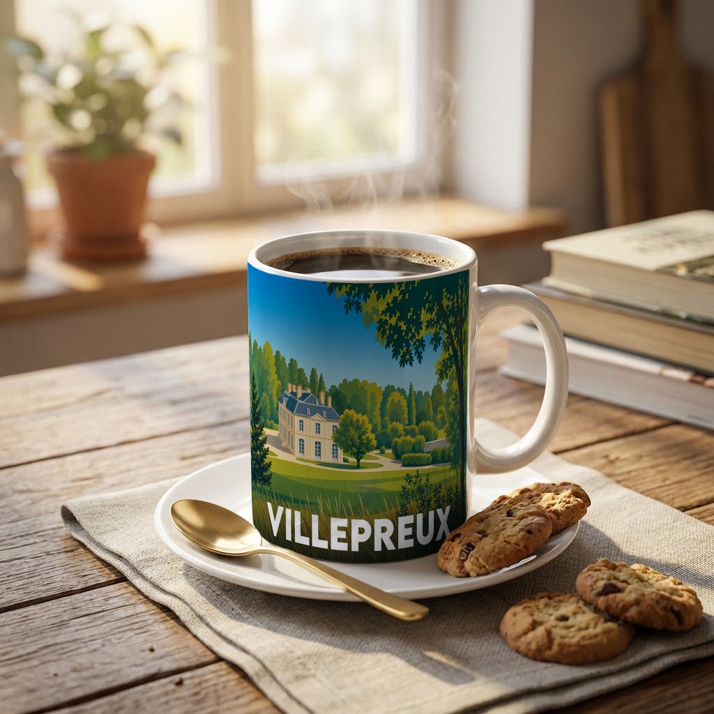 Mug souvenir de la ville de Villepreux avec une illustration stylisée d'un domaine arboré.