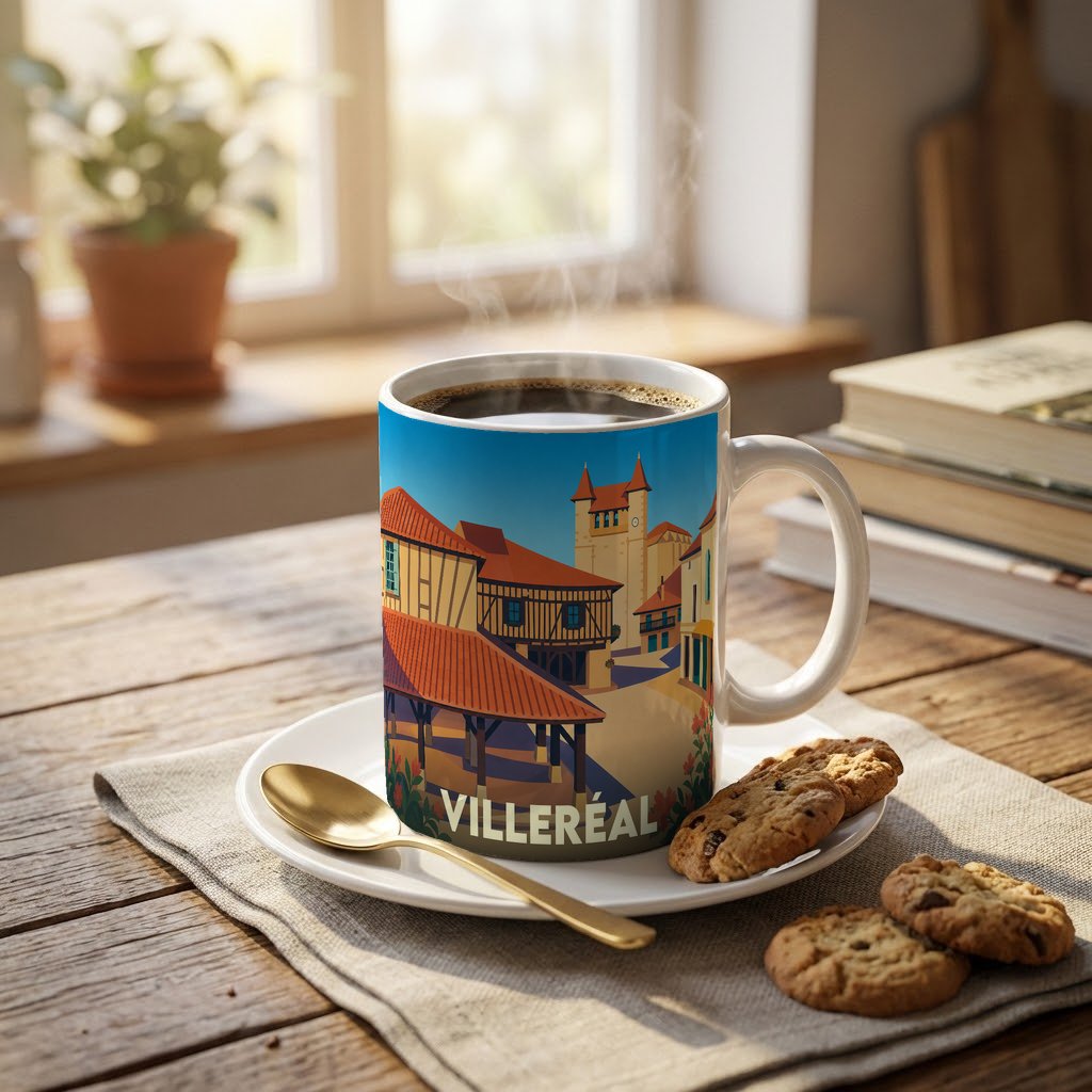 Mug souvenir de la ville de Villeréal avec une illustration stylisée.
