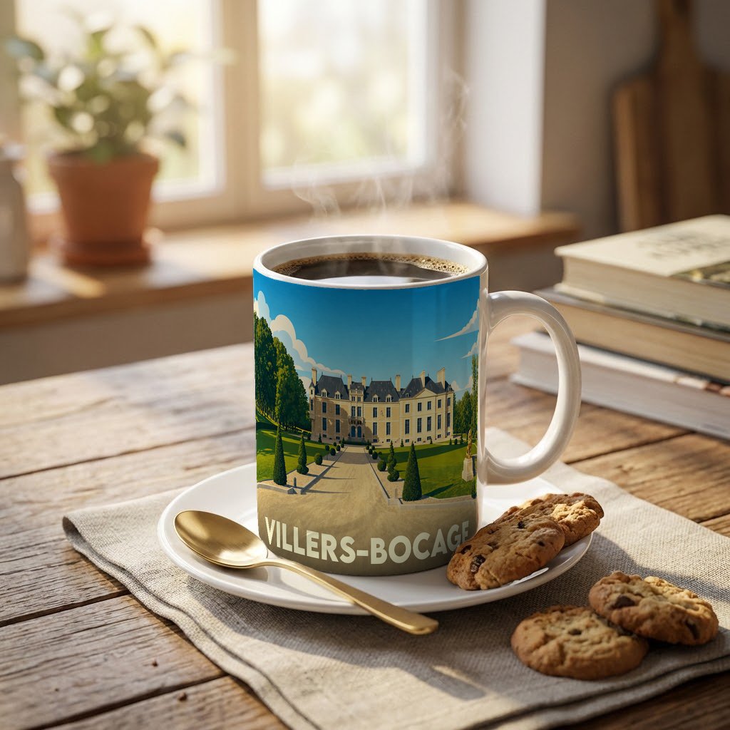 Mug souvenir de la ville de Villers-Bocage illustré d'un château majestueux dans un style vintage.