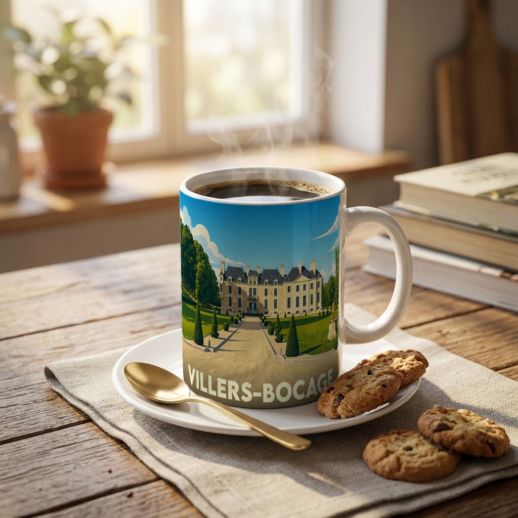 Mug souvenir de la ville de Villers-Bocage illustré d'un château majestueux dans un style vintage.