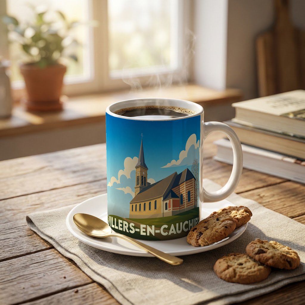 Mug souvenir de la ville de Villers-en-Cauchies arborant une illustration stylisée de son église.